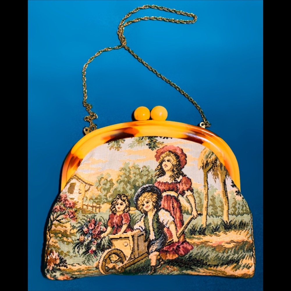 Vintage Tapestry Bridgerton Theme Kiss Lock Clutch Bag w/ Chain Strap
